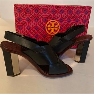 Tory Burch black leather sandal with gold heel. Size 7
